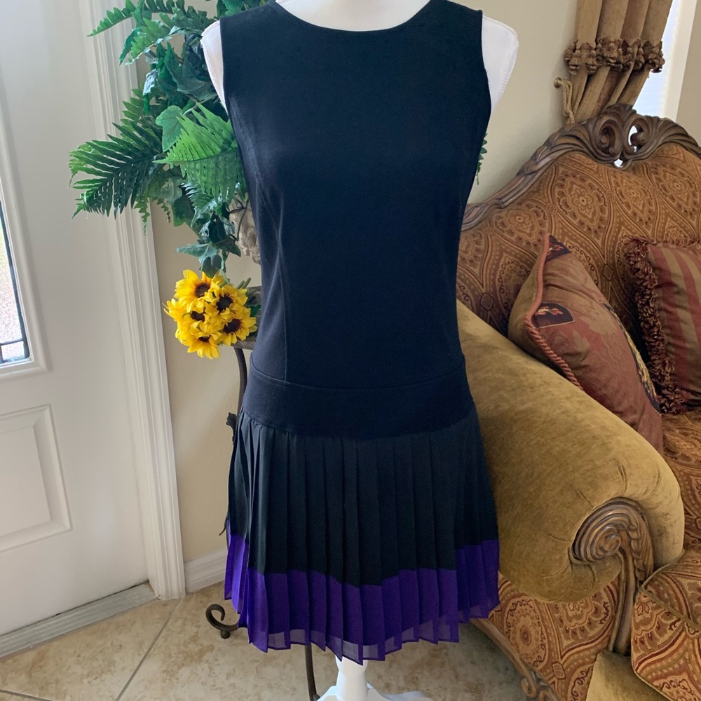 Loft Black Purple Pleated Dress, Size 2